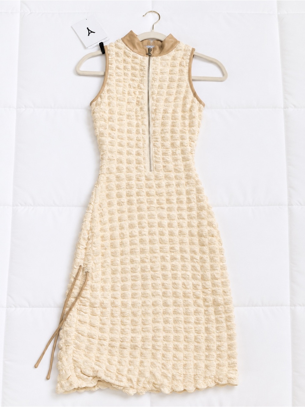 Maniere De Voir Cream Textured Sleeveless Midi Dress with Mock Collar - Picture 2 of 2